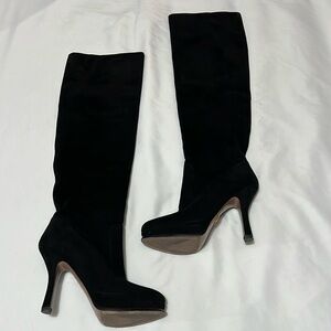 Prada Black Suede Platform Heeled Over the Knee Boots
